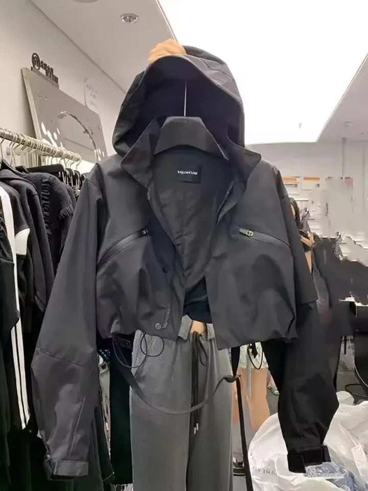 STORESDE Fashion Short Hooded Jacket 2025 New Spring Black Loose Motorcycle Coats Female Street  Windbreak Short Basic Coat