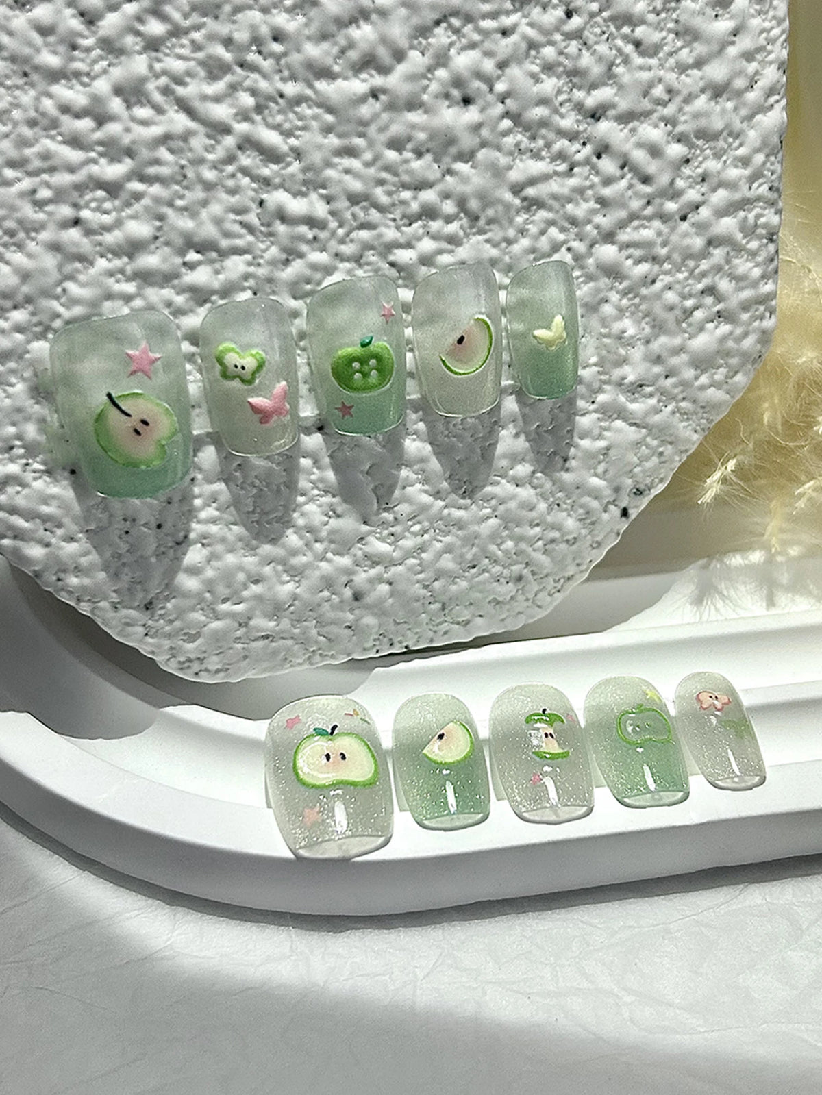 STORESDE 10 Pieces Summer Sweet Handmade Press On Nails Butterfly Green Apple Fine Glitter Cat Eye Fake Nails Removable Reusable