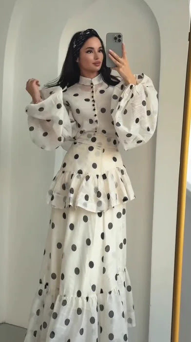 STORESDE Casual Polka Dot Maxi Dress Women Chic Stand Collar Puff Sleeves See Through Ruffle Vestidos 2026 Female Vacation Party Dresses