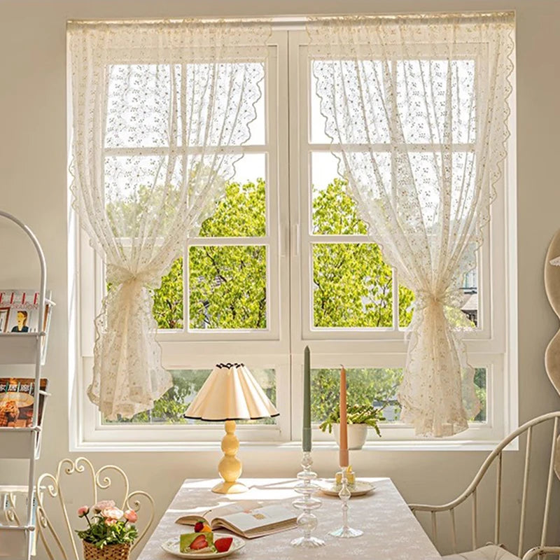 STORESDE French Country Style Embroidered Flower Small Window Curtains, Elegant Charming Vintage Lace Curtains for Living Room, Kitchen