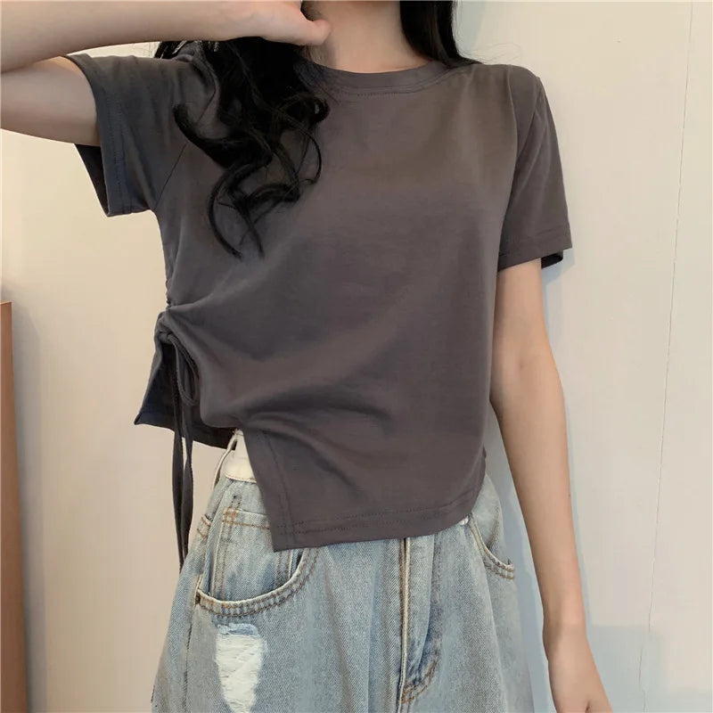 STORESDE Slit Bandage V Neck Sexy Crop Top Women Korean Casual Summer New Short Sleeve T-shirt Y2K Streetwear Trendy Top for Women