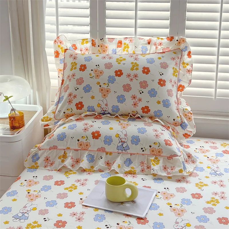 STORESDE A pair of cotton printed pillowcases with ruffled edges, garden body pillowcases, bed pillowcases