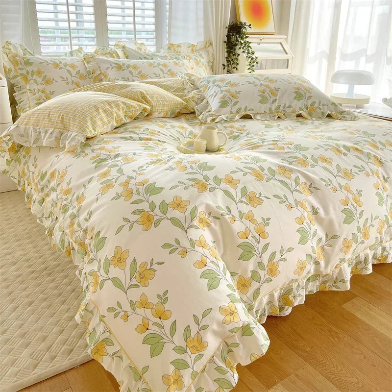 STORESDE New Ruffles 100% Cotton Duvet Cover Set or Single Duvet Covers Floral Princess Style All Cotton Quilt Cover Queen Blanket Cover