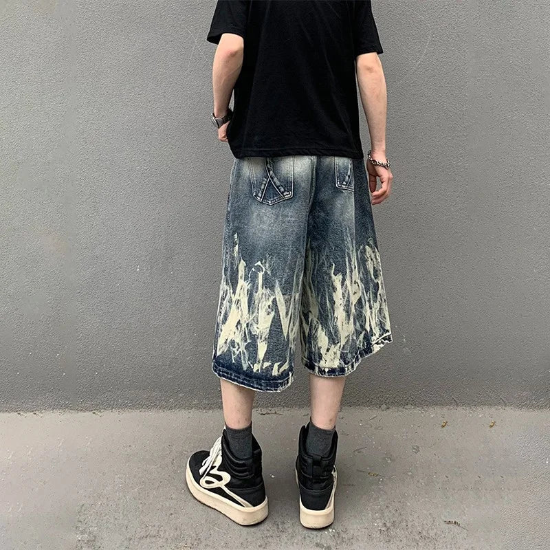 STORESDE 2026 New Flame Graphic Print Denim Shorts For Men Hip Hop Fashion Straight-leg Baggy Jorts Punk Tie Dye Gradient Y2K Short Jean