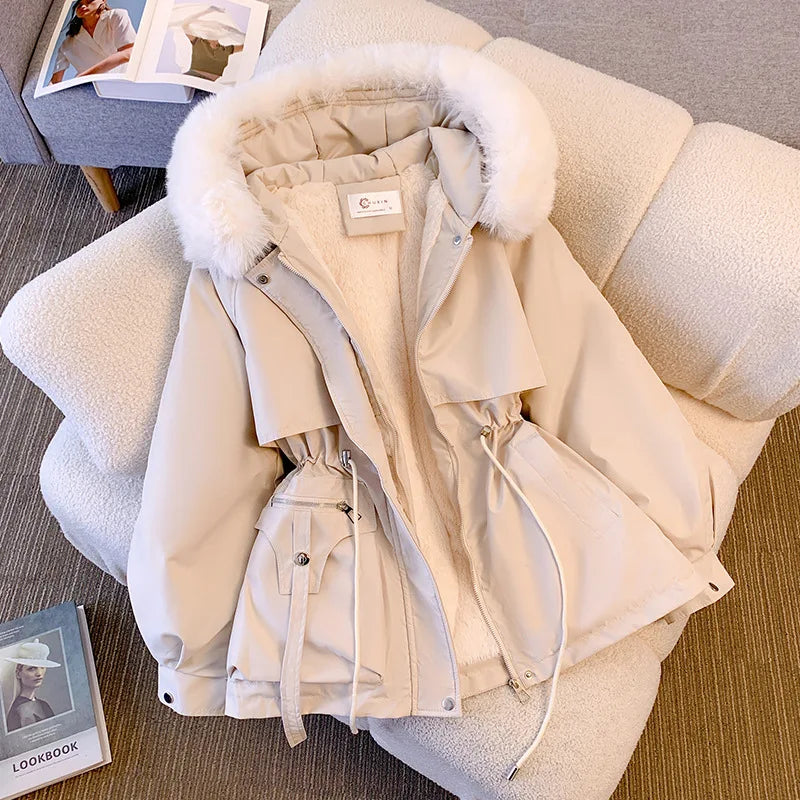 STORESDE Fleece Lined Hood Down Jacket Winter Coat for Women Warm Drawstring Padded Parkas Korean Casual Streetwear Female Puffer Outwear