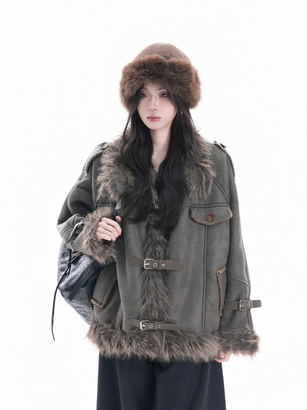STORESDE Women Parkas 2026 New Autumn Winter Furry Lapel Suede Cotton Coat Retro Barn Button Front Warm Padded Jacket Cold Outerwear