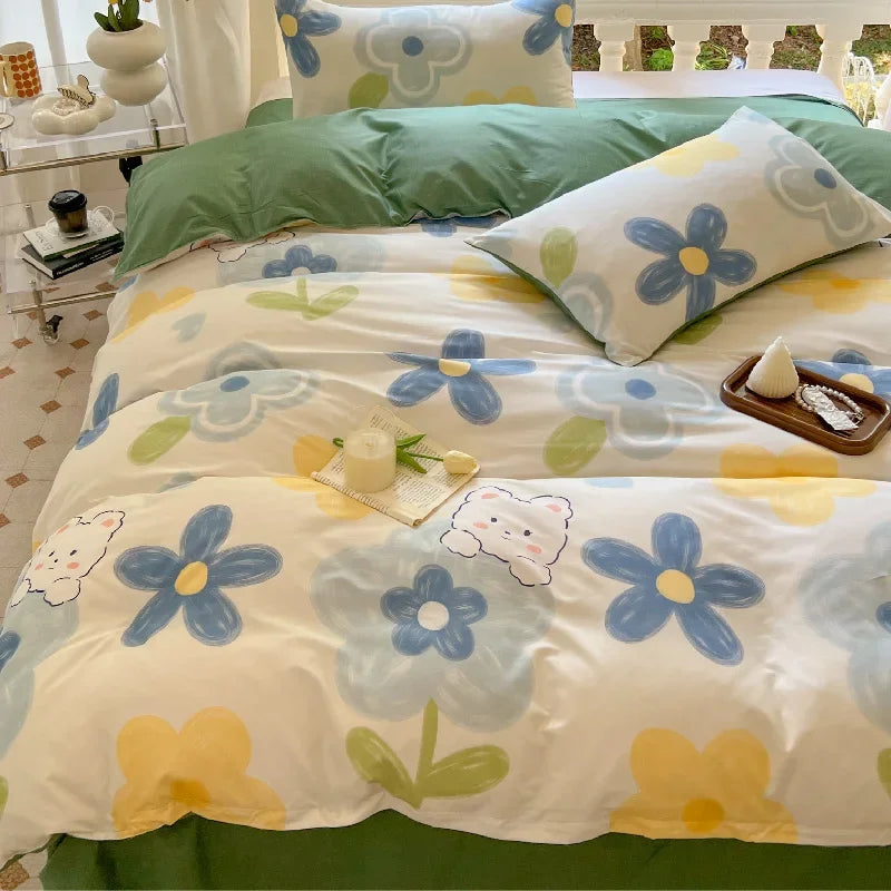 STORESDE Kawaii Bear Printed Bed Set Floral Duvet Cover Pillowcase Bedding Set Cute Dog Bed Linen Sheet Quilt Cover Full Queen King Size
