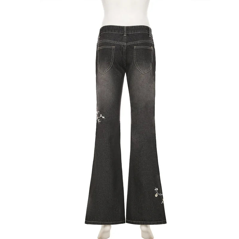 STORESDE Floral Embroidery Jeans Vintage 2000s Low Rise Flared Jeans Women Retro Y2k Baggy Denim Pants High Street Basic Trousers