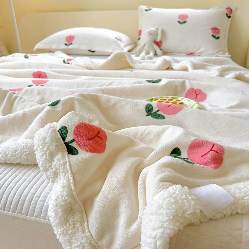 STORESDE Winter Cartoon Printed Lamb Wool Blanket Thick and Warm Coral Fleece Blanket for Office Napping Fluffy Soft Plush Bedspread