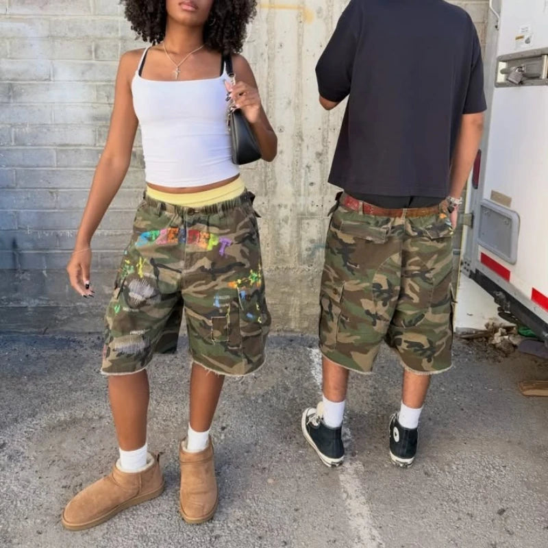 STORESDE Y2K American Cargo Shorts Paint Splatter Camouflage Pattern Bottom New Trendy Retro Hip Hop Streetwear Unisex Baggy Short Pants