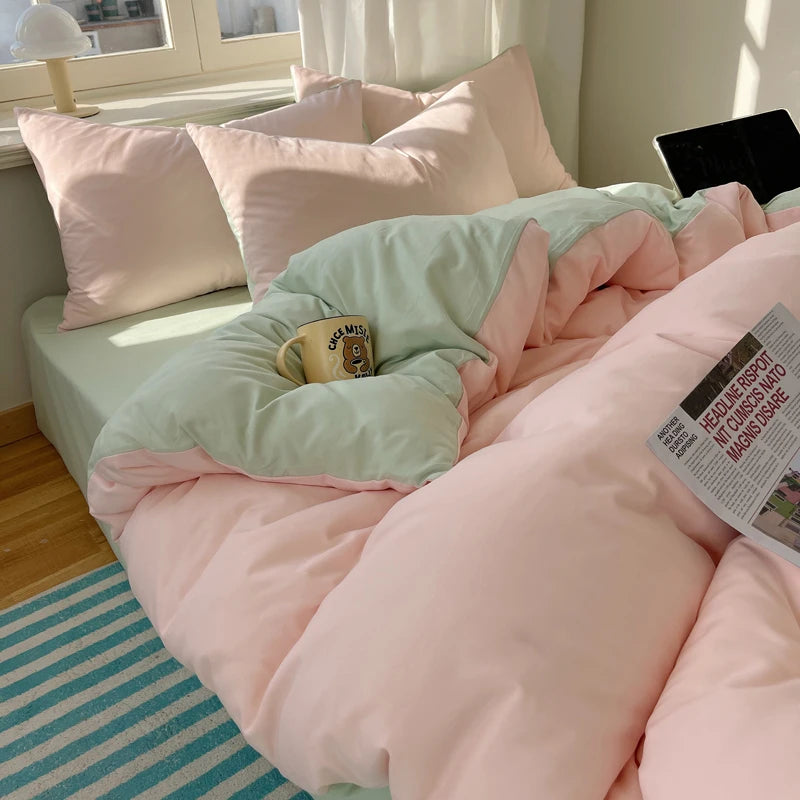 STORESDE Cotton Bedding Set 4pcs with Solid Bed Sheet Duvet Cover Pillowcases Single Couple Bedsheet King Queen Double Twin Size