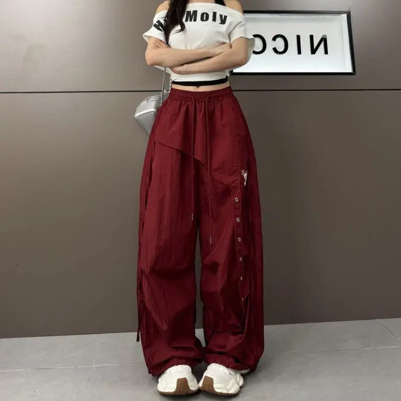 STORESDE American street quick drying retro military green work pants irregular design fake two-piece drawstring pleated casual pants