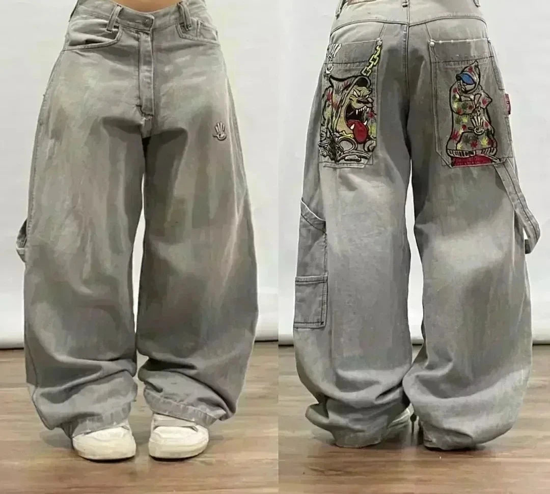 STORESDE 2025 New American Trend Retro Hip-hop Embroidery Pattern Baggy Jeans For Men And Women Y2K Harajuku Gothic Wide Pants Streetwear