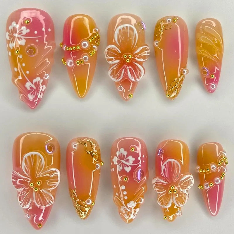 STORESDE 24pcs White Flower Fake Nail Tips Ins Yellow Pink Blush False Nails Wearable Full Cover European Almond Shaped Press on Nails