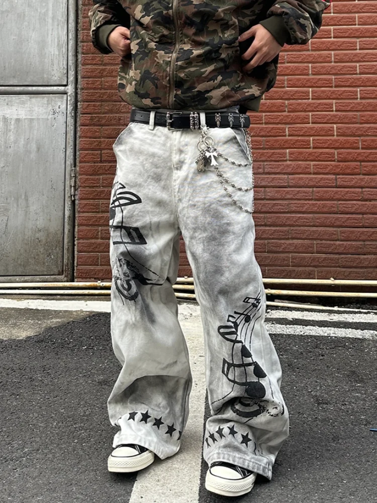 STORESDE 2026 American Retro Y2K Style Dirty Washed White Baggy Jeans Pants For Men Clothing Star Printed Straight Cotton Long Trousers