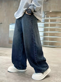STORESDE Boy's loose-fit trendy rear pocket embroidered design denim straight-leg pants, comfortable stretch elastic waist.