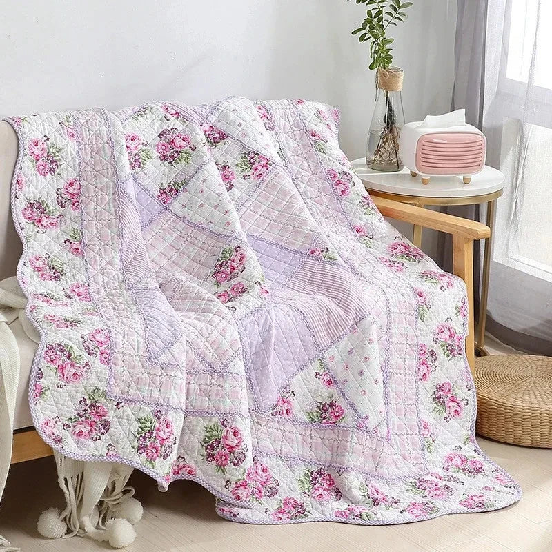 STORESDE Floral Plaid Blanket, Cotton Quilt, Bedspread on the Bed, Applique Duvet, Quilted European Coverlet, Cubrecam Linen Bed Cover
