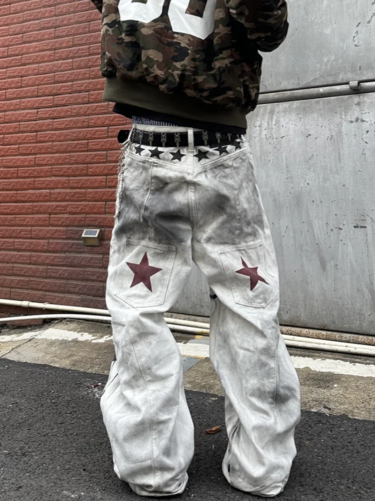 STORESDE 2026 American Retro Y2K Style Dirty Washed White Baggy Jeans Pants For Men Clothing Star Printed Straight Cotton Long Trousers