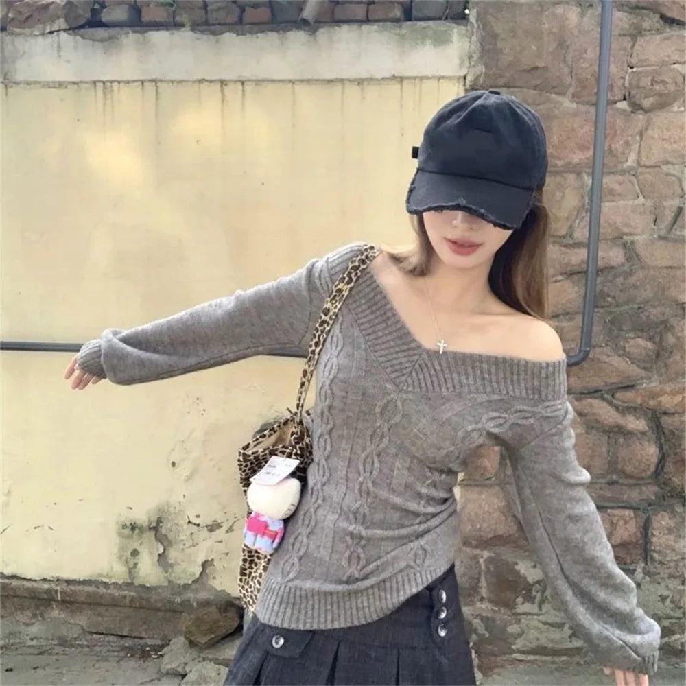 STORESDE Fashion Vintage V-neck Knitted Tops Women 2025 Early Autumn New Sweaters Pullover Slim Long Sleeve Pullovers Sexy Gray Jumpers