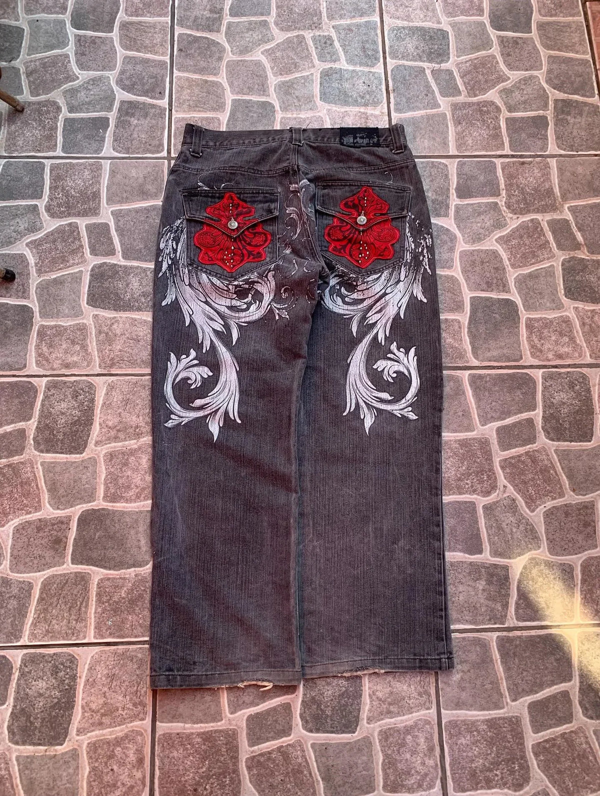 STORESDE Japanese Dragon Knitted Jeans Men Women Baggy Fit High Street Urban Casual Trendy Fashion Hip Hop Streetwear Daily Wear Style