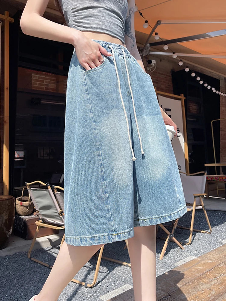 STORESDE Summer Boyfriend Plus Size Jeans Shorts Woman Casual Loose Wide Leg Bermudas Baggy Denim Shorts Women Lace Up Half Short Pants