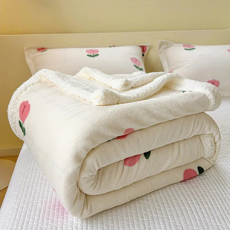 STORESDE Winter Cartoon Printed Lamb Wool Blanket Thick and Warm Coral Fleece Blanket for Office Napping Fluffy Soft Plush Bedspread