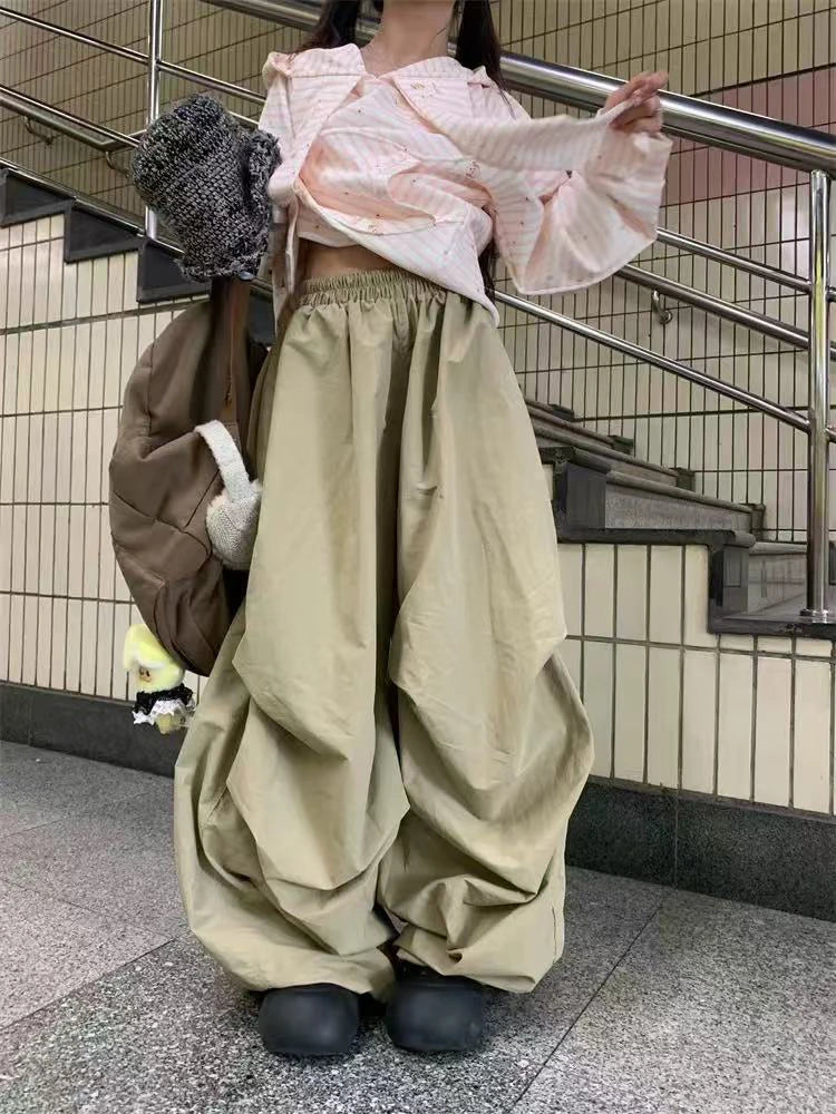STORESDE American Baggy Parachute Pants Women Summer High Waist Oversized Cargo Trousers Y2K Loose Streetwear Folds All Match Pants Mujer