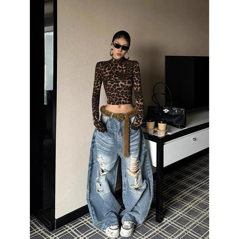 STORESDE ZHIZOU Women Blue Baggy Y2k Ripped Jeans Hip Hop Grunge Wide Jean Pants Vintage 2000s Harajuku Denim Trousers Clothes Summer