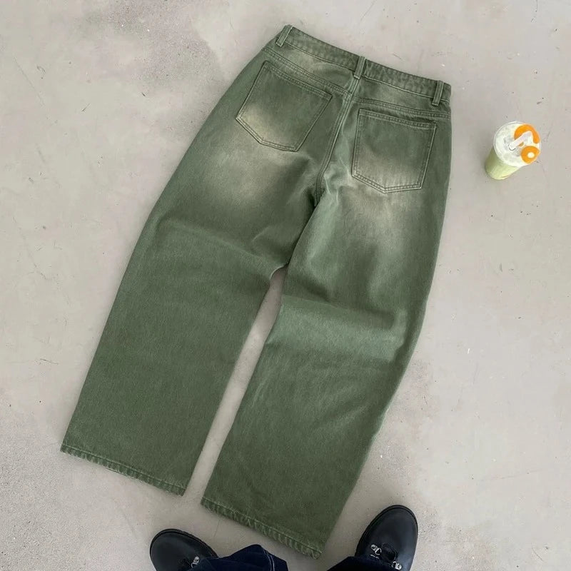 STORESDE Y2K Retro Matcha Denim Jeans Washed Billiard Embroidered Denim Pants London Fashion New York Style Streetwear Unisex Baggy Jeans