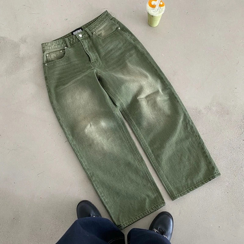 STORESDE Y2K Retro Matcha Denim Jeans Washed Billiard Embroidered Denim Pants London Fashion New York Style Streetwear Unisex Baggy Jeans