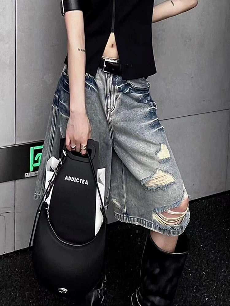 STORESDE Y2K Hole Jeans Shorts Women American Loose Streetwear Hot Girls Wide Leg Shorts Summer High Waist Retro Wash Denim Shorts