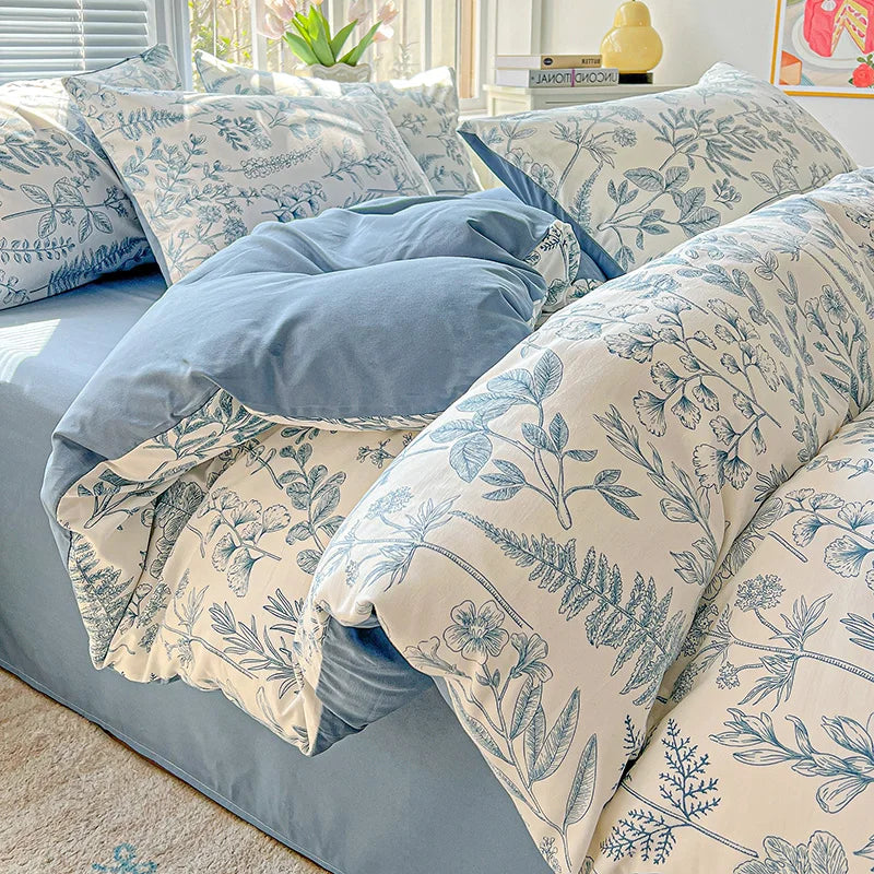 STORESDE American Pastoral Floral Printed Bedding Set Soft Skin-Friendly Double King Size Duvet Cover Set with Flat Sheet and Pillowcases