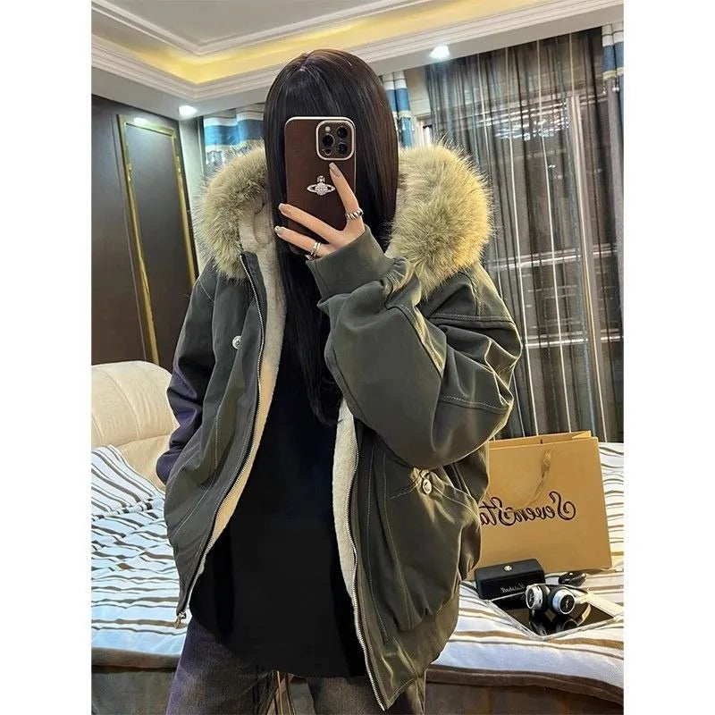 STORESDE American Street Fur Collar Zipper Hooded Jacket Women Autumn Winter Retro New Velvet Thickened Warm Fashion Loose Casual Jacket