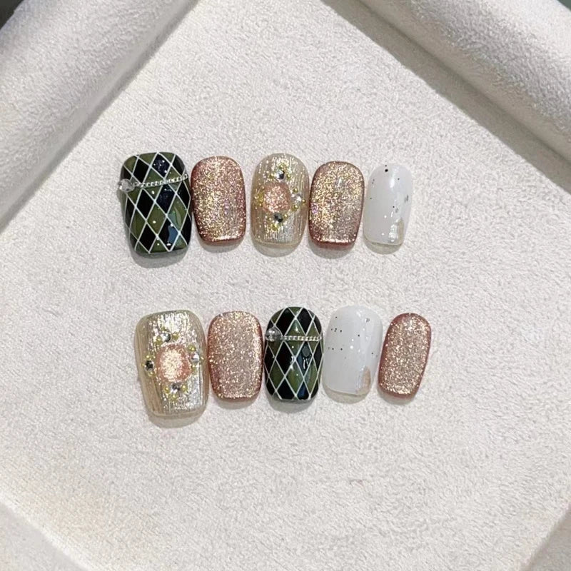 STORESDE 10Pcs Brown Cat Eye Short Square Fake Nails Hand Painted Checkered Star Press on False Nail with Glue Simple Full Over Nail Tips