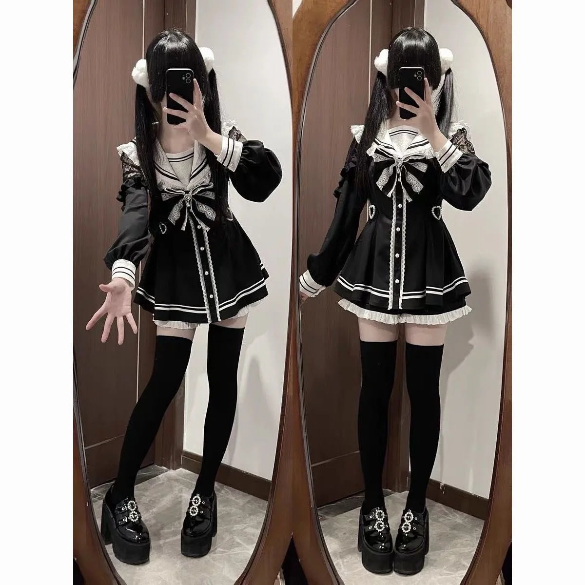 STORESDE Harajuku Sweet Bow Black Plaid Dresses All-match Slim Fit Kawaii Lolita Dress for Women Autumn New Long Sleeve Vestidos De Mujer