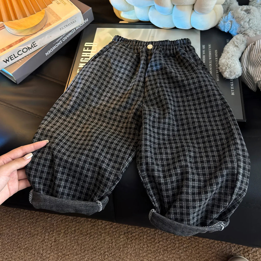 STORESDE Spring Autumn Children Pants 1-8Y Boys Black Plaid Loose Casual Straight Trousers Korean Toddler Wear For Kids Clothes New