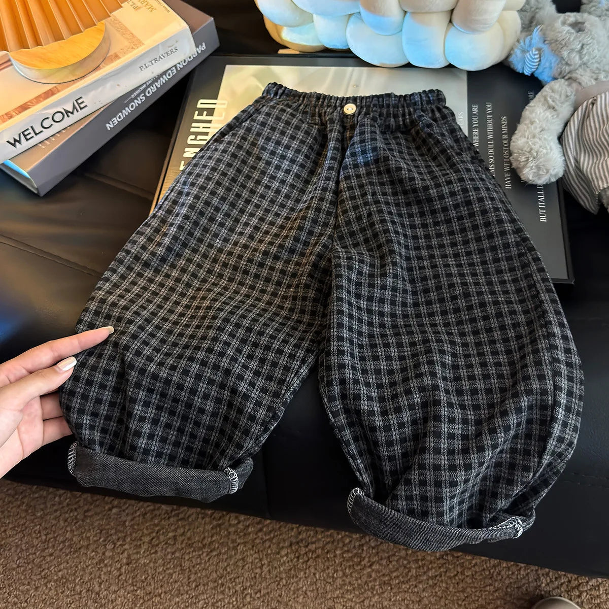 STORESDE Spring Autumn Children Pants 1-8Y Boys Black Plaid Loose Casual Straight Trousers Korean Toddler Wear For Kids Clothes New