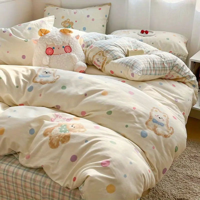 STORESDE Kids Adult Duvet Cover Set with Bed Flat Sheet Pillowcases Cute Cartoon Single Queen Size Home Hotel Dormity Bedding Set