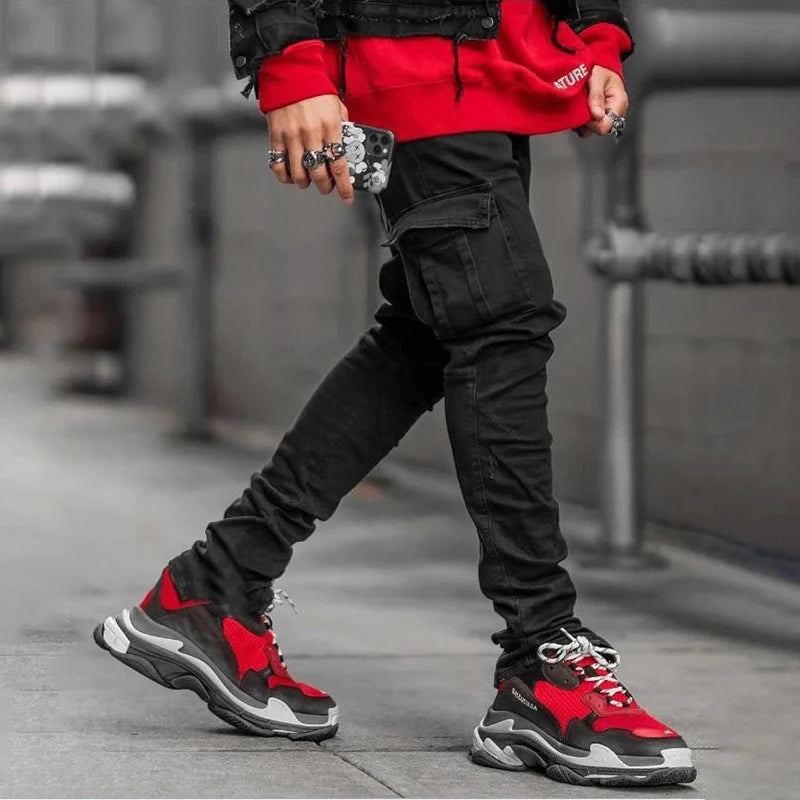 STORESDE Men Street Elastic Denim Jeans Wash Solid Color Multi Pockets Cargo Pants Casual Slim Fit Daily Wear Joggers Mid Waist Trousers
