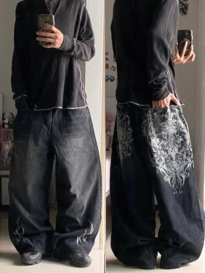 STORESDE American Fashion Printing Jeans Hip Hop Baggy Cross-legged Jeans Grey Wash Straight Mop Pants Men and Women