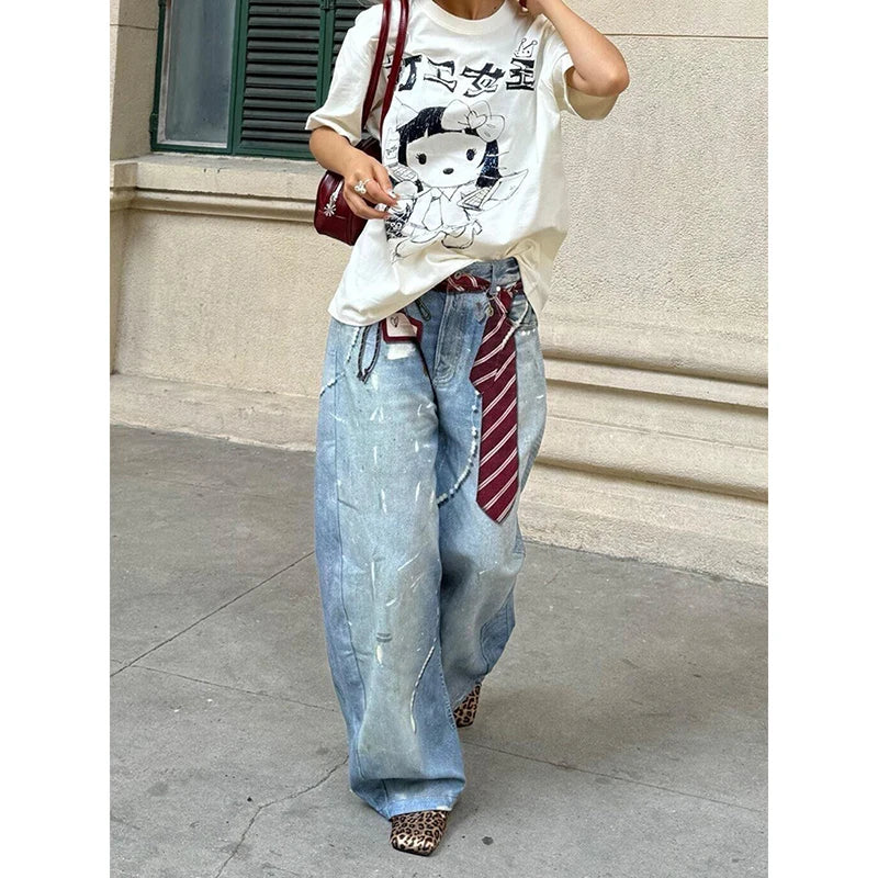 STORESDE ZHIZOU Women Blue Y2k Baggy Jeans Harajuku VintageBent Knife Denim Trouser Aesthetic 2000s Style Jeans Pants Oversize Clothes
