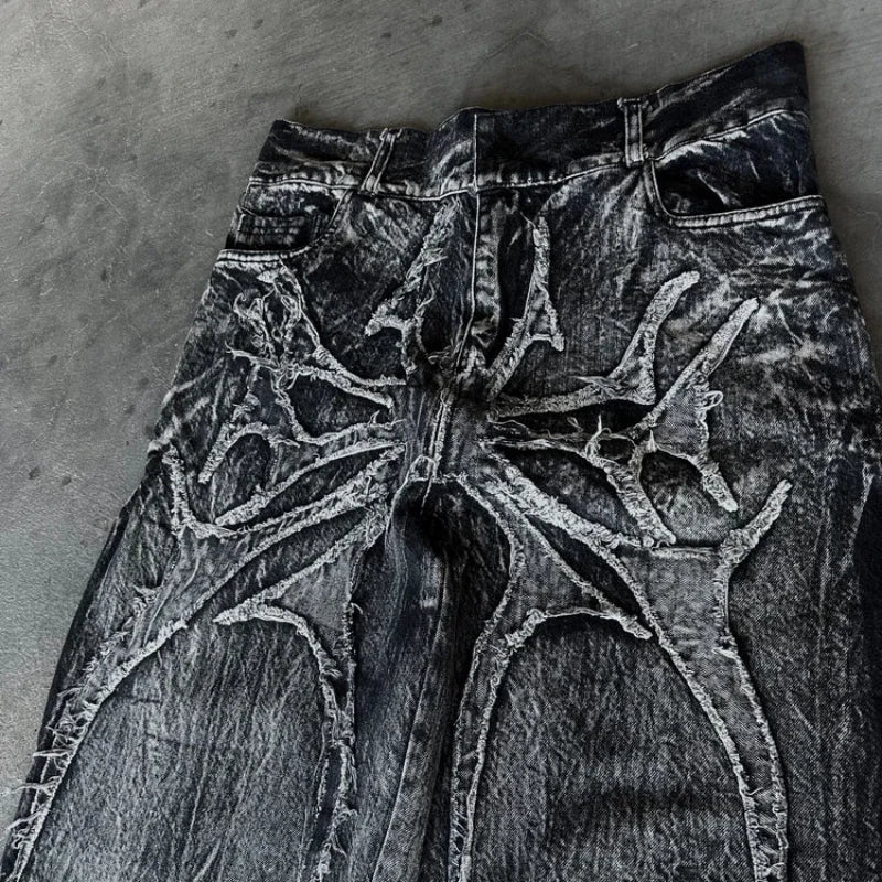 STORESDE Gothic Retro Oversized Baggy Fit Unisex Mopping Pants Y2K Phantom Jeans High Street Spider Embroidered Patch Hip Hop Streetwear
