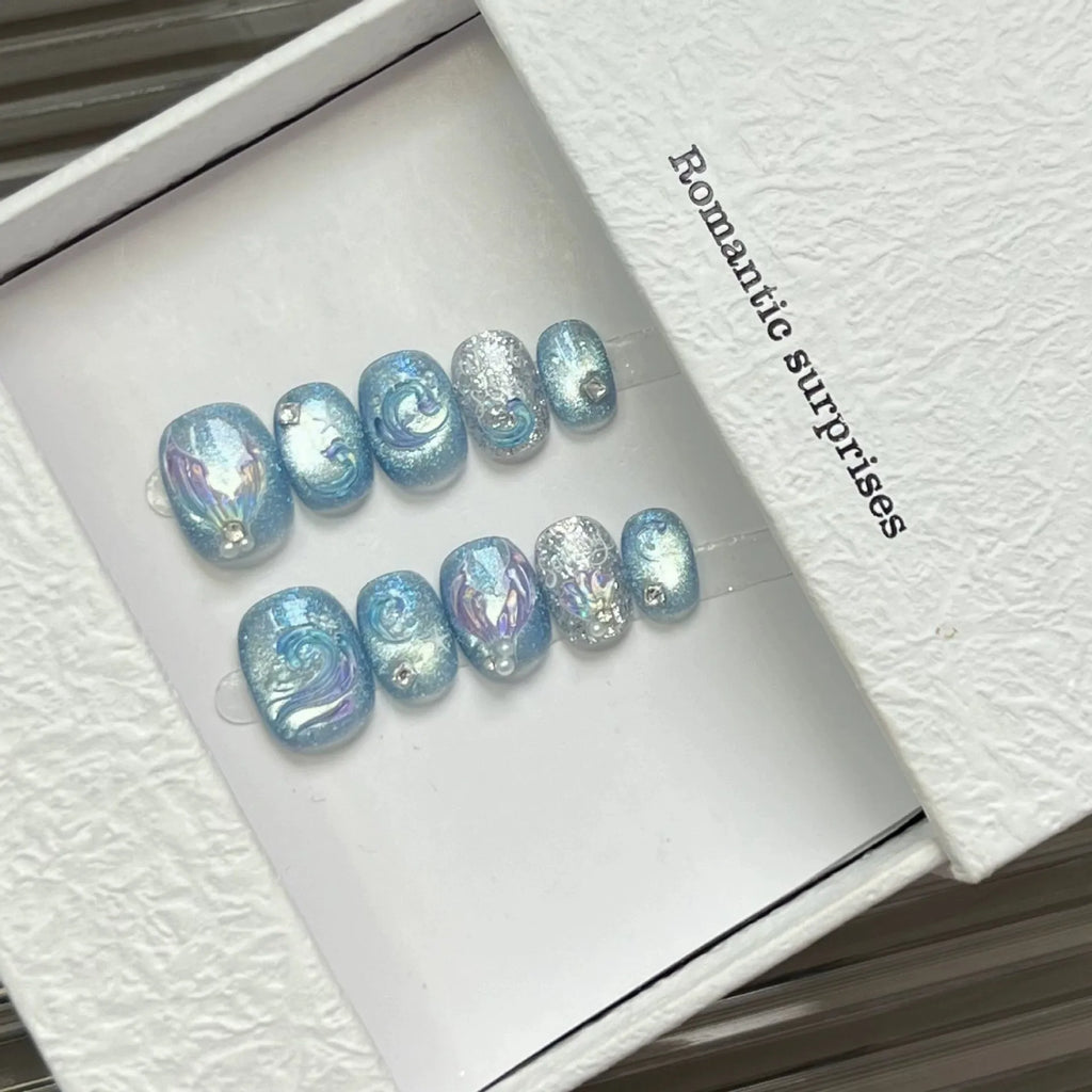 STORESDE 10pcs Handmade Press On Nails Cute Starfish Cat's Eye Aurora Fake Nail Tips Wearable Fantasy Mermaid Short Square False Nails