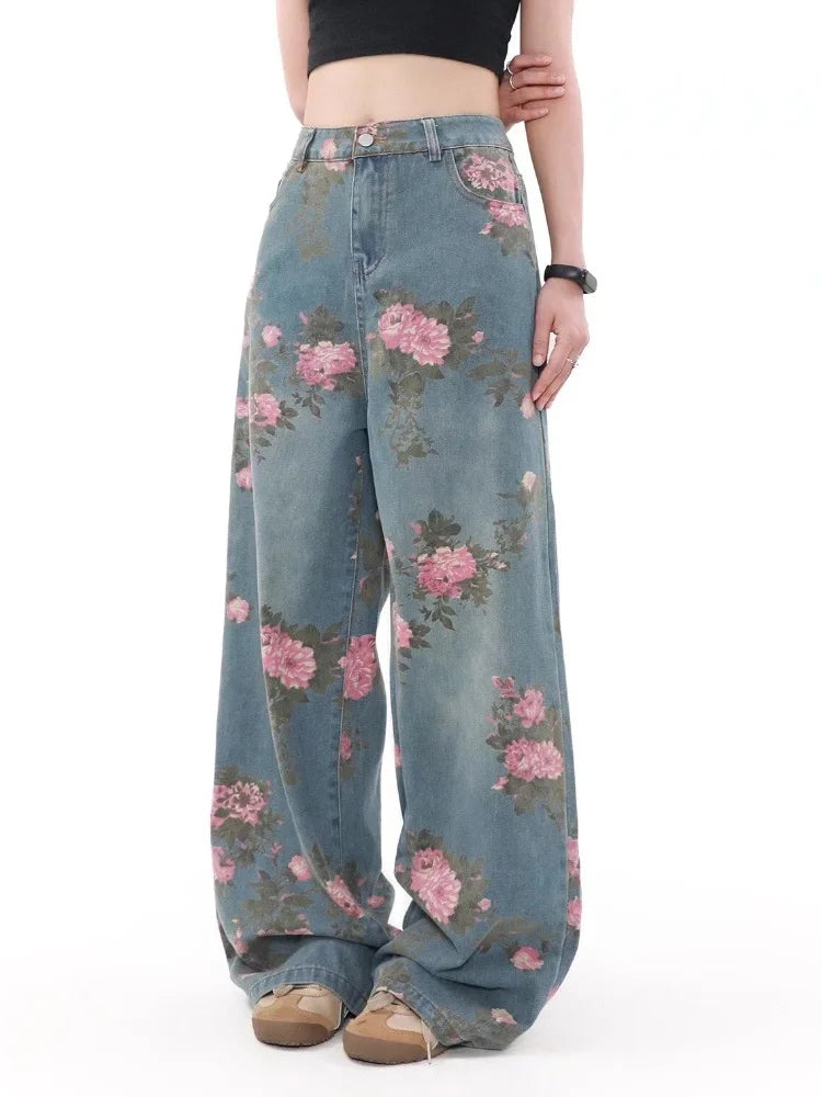 STORESDE 2025 Ropa Y2K Fashion Peach Blossom Printed Baggy Jeans Pants For Women Clothing Wide Leg Casual Lady Trousers Pantalon Femme