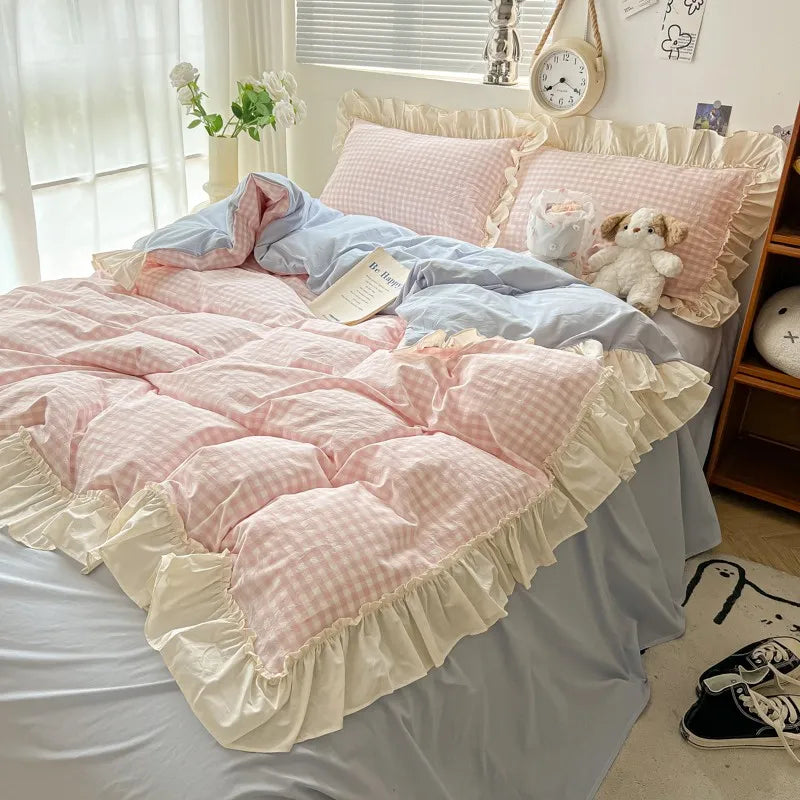 STORESDE Ruffled Pink Blue Duvet Cover Set Twin Queen Washed Microfiber Ultra Soft Bedding set Grid Duvet Cover Bed Sheet 2 Pillowcases