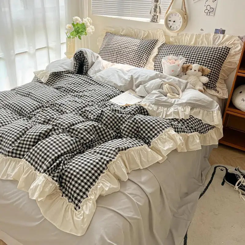 STORESDE Ruffled Pink Blue Duvet Cover Set Twin Queen Washed Microfiber Ultra Soft Bedding set Grid Duvet Cover Bed Sheet 2 Pillowcases