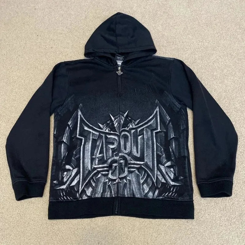 STORESDE Y2K Fashion Tapout Zipper Hooded Sweater Retro Hip-hop Letter Printing Oversized Black Hooded Sweater Men And Women Gothic Tops