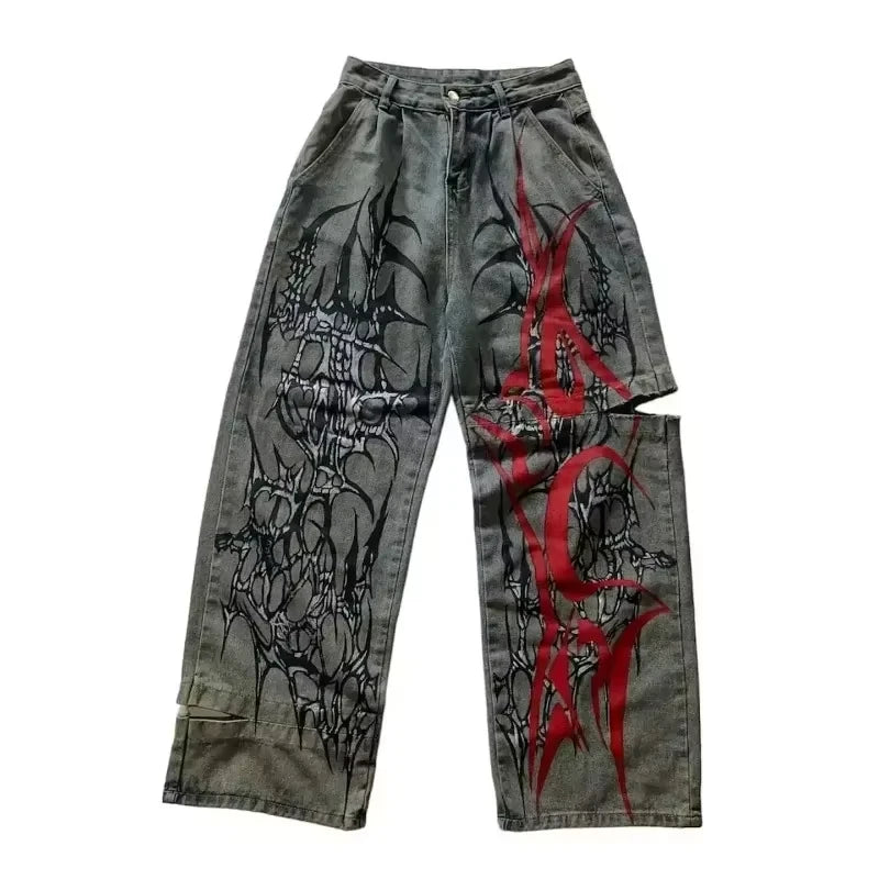 STORESDE 2025 New American Trend Retro Hip-hop Embroidery Pattern Baggy Jeans For Men And Women Y2K Harajuku Gothic Wide Pants Streetwear