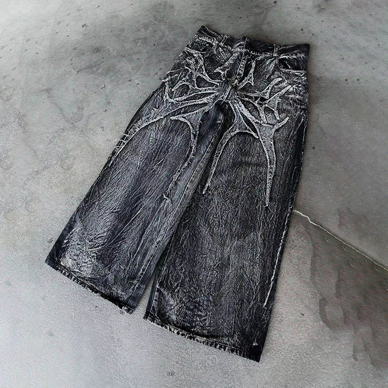 STORESDE Gothic Retro Baggy Unisex Mopping Pants Y2K Phantom Jeans High Street Spider Embroidered Patch Hip Hop Streetwear Straight Jeans