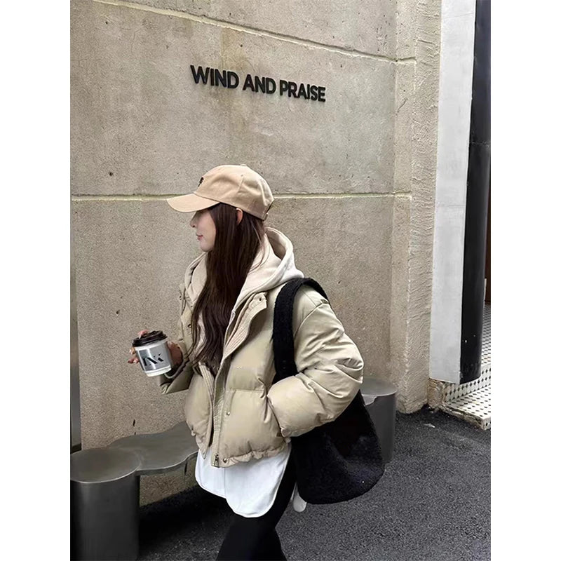 STORESDE Hooded Short Parkas Women Fashion Black Patchwork Puffer Jacket Winter Streetwear Down Coats Korean Cotton Padded Outerwears New